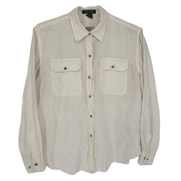 Lauren Ralph Lauren Petite Button Up Shirt 100% Linen White M Summer Casual - Picture 1 of 7